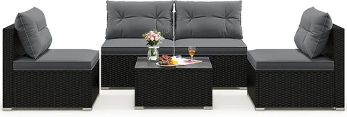 Vista 10 de Tangkula Juego de 2 sofás de mimbre para exteriores, sin brazos, juego de sofá modular de ratán para patio con 2 cojines de asiento gruesos y 2