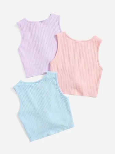Vista 2 de SHENHE Camiseta corta sin mangas de 3 piezas para niña, con cuello redondo, acanalada