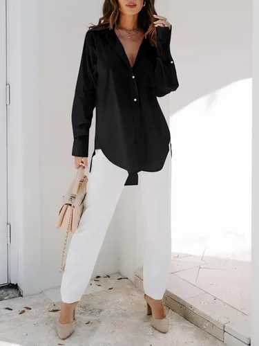 Vista 4 de siliteelon Womens Button Down Shirts Dress Shirts Long Sleeve Blouses Wrinkle Free Solid Tunics Tops with Pockets