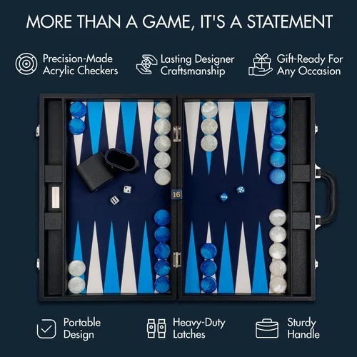 Vista 5 de Pointworks Juego de Backgammon Premium de 19 Pulgadas para Adultos de Cuero Negro - Azul. Juego de Fichas y Dados Premium de 1.6 Pulgadas, Juego