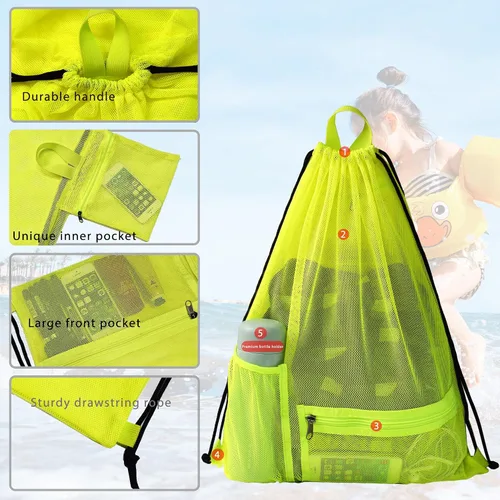 Vista 3 de Bolsa de malla con cordón resistente, mochila de gimnasio con soporte para botellas para bolas, natación, juguetes de playa, Amarillo claro, Deportes