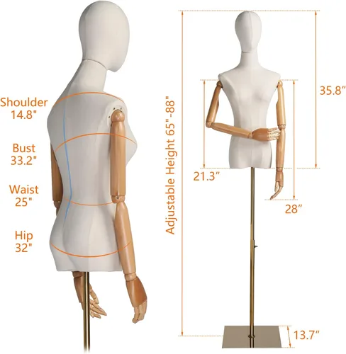 Vista 3 de Bonnlo Forma de vestido femenino con cabeza y brazos de madera posables, cuerpo de torse de maniquí con base de metal altura ajustable