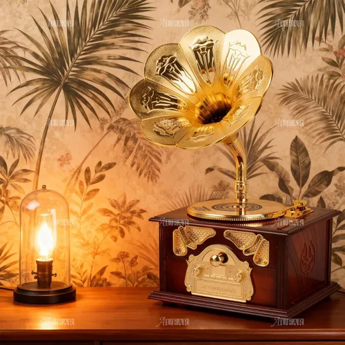 Vista 5 de AUEAR, Caja de música clásica de gramófono marrón para decoración de escritorio de mesa casera