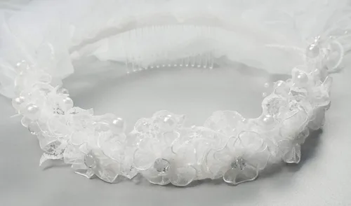 Vista 5 de Bienvenu Primera Comunión Flor Niña Arco Bordado Velo De Boda Dos Capas, Blanco