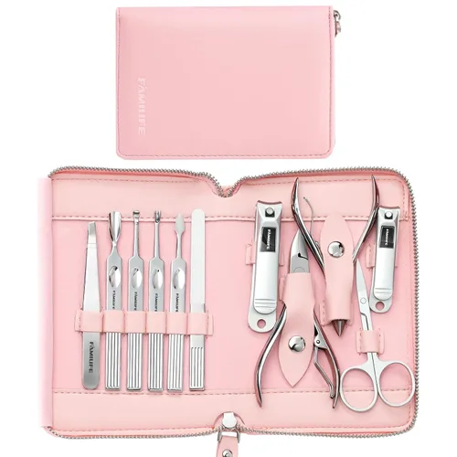 Vista 16 de FAMILIFE - Kit de manicura profesional para uñas, 11 en 1, de acero inoxidable, con estuche de viaje portátil de cuero negro, regalos de lujo para él