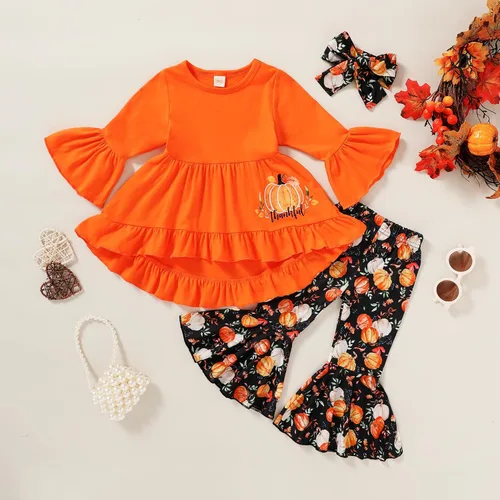 Vista 2 de Halloween Acción de Gracias niños ropa de calabaza pavo camiseta vestido + pantalones + diadema conjunto de otoño 3 piezas