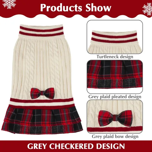 Vista 3 de PAWCHIE Vestido de suéter para perro con corbatín - Suéter de punto con cuello alto para perros pequeños, para niñas, para clima frío, con orificio