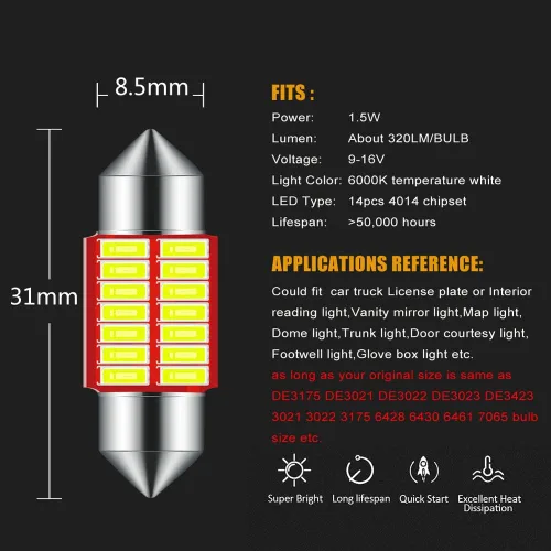 Vista 2 de Paquete de 12 bombillas LED de 12 V, 1.220 in, DE3175, 3175, DE3022, DE3021, Festoon y T10 194 168 2825 W5W, extra brillantes, 6000 K, color blanco