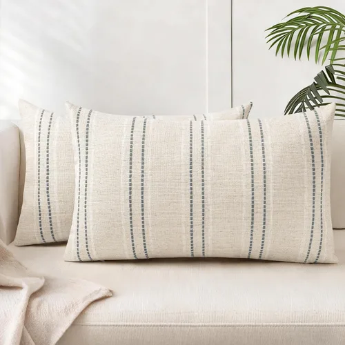 Vista 18 de AELS Fundas de Almohada Decorativas de Lino Estilo Granja de 16x16, Funda de Almohada con Textura Boho, Juego de 2, Beige con Rayas de Hilo Teñido