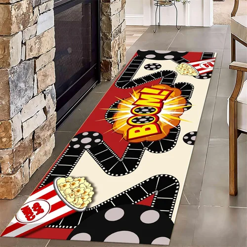 Vista 12 de Alfombra retro de cine en casa, 1.3 x 7 pies, patrón clásico de tablilla negra y carrete de película, alfombra decorativa antideslizante para sala