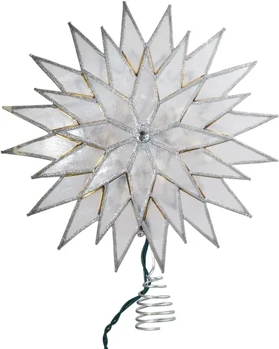 Vista 3 de Kurt Adler Estrella de árbol iluminada de 9 pulgadas con diseño Sunburst de Capiz y acabado plateado con brillo