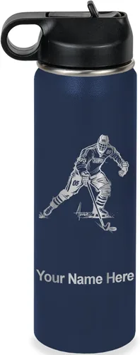 Vista 49 de LaserGram Botella de agua personalizada, jugador de hockey, acero inoxidable de doble pared aislada al vacío con popote superior, regalo grabado