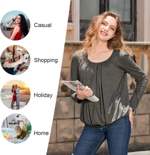 Vista 5 de Anymeet 2023 Women's Spring Fall Tunic Tops for Leggings Long Sleeve Casual Tshirt Pleated Loose Blouses