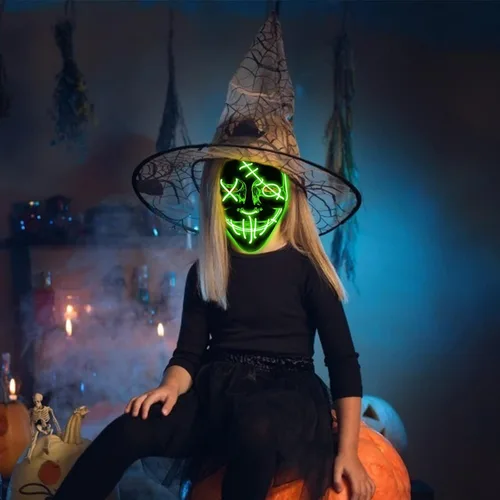 Vista 4 de Máscara LED de Halloween que brilla en la oscuridad, para cosplay, alambre EL, suministros de fiesta para adultos (verde)
