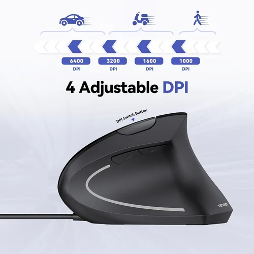 Vista 4 de TECKNET Ratón con cable, 6400 DPI Ratón ergonómico 6 Botones Ratones Silenciosos Ratones 4 Ratones verticales DPI ajustables Compatible