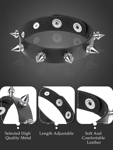 Vista 3 de Pulsera punk de cuero de 3 piezas para hombres y mujeres, pulsera de los años 80, pulsera gótica punk rock, brazalete unisex para fiesta