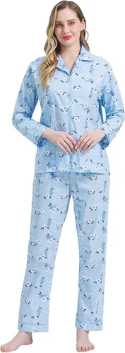 Vista 3 de Amaxer Conjunto de pijama 100% algodón para mujer, de manga larga, suave, con botones, con cordón elástico