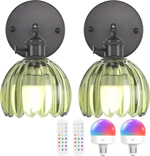Vista 16 de Shenmoyl Aplique de pared vintage a pilas con bonita pantalla de vidrio de tulipán blanco, inalámbrico, recargable, luz de pared funciona