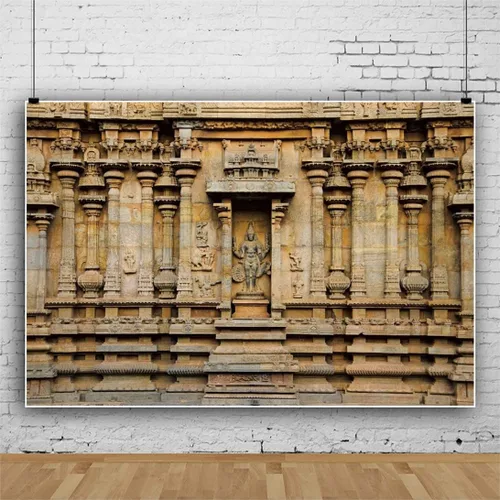 Vista 8 de AOFOTO Telón de fondo tallado de templo hindú de 5 x 4 pies de Thanjavur, antiguas columnas de templo Brihadishvara, ídolos tallados en fondo