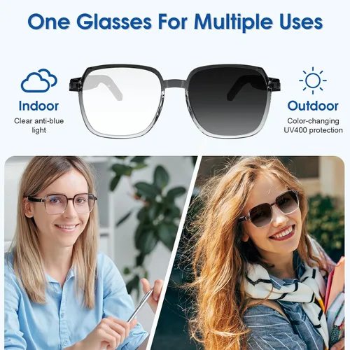 Vista 2 de Lentes de sol inteligentes con Bluetooth, lentes fotocromáticos anti luz azul, protección UV, audio de oído abierto, llamadas manos libres, control