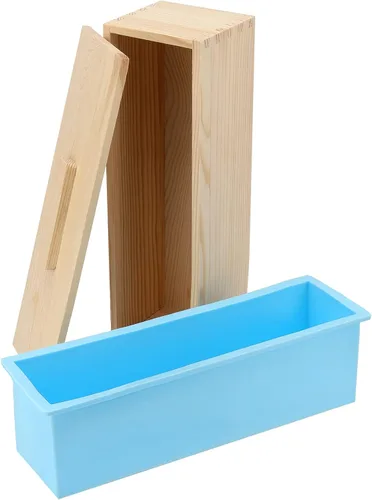 Vista 8 de Juego de 3 moldes de jabón de silicona de 42 onzas, kit de moldes de barra rectangular para hacer jabón con cajas y tapas de madera, moldes de jabón