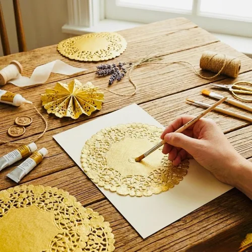 Vista 8 de Hojas decorativas de encaje de papel metálico de 8 pulgadas, elegantes, resistentes y desechables, ideales para presentación de alimentos y uso