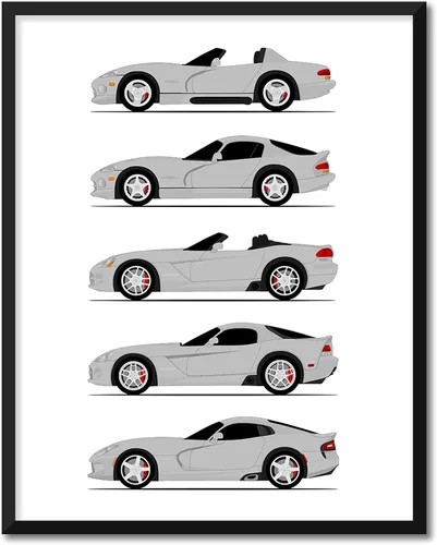 Vista 17 de Custom Car Posters Póster hecho a mano compatible con Dodge Viper Generations e impresión de Viper R/T GTS SRT10, color rojo con rayas blancas, 3.