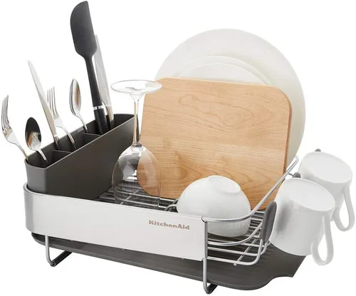 Vista 3 de KitchenAid Escurridor de platos compacto que ahorra espacio, resistente al óxido, con tabla de drenaje inclinada de autodrenaje y organizador de Gris