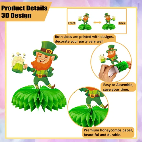 Vista 4 de 9 piezas de decoraciones de panal del día de San Patricio, centros de mesa de temática irlandesa surtidos con duendes, ollas de oro, tréboles