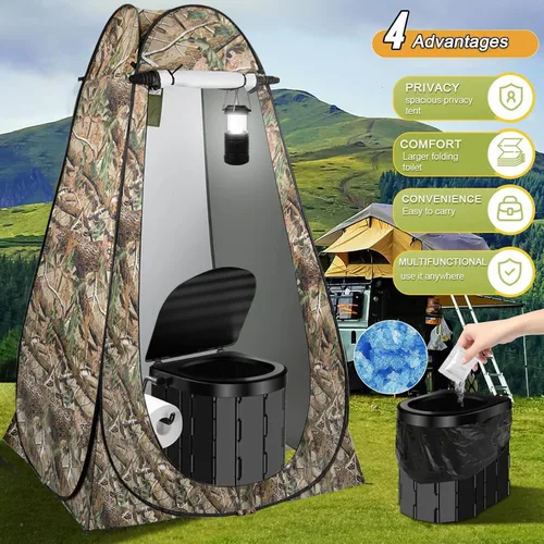 Vista 3 de Portable Toilet Kit, Camping Toilet with Pop-Up Privacy Tent and Poo Gel Toilet Bags, Washable Portable Outdoor Showers Changing Rooms