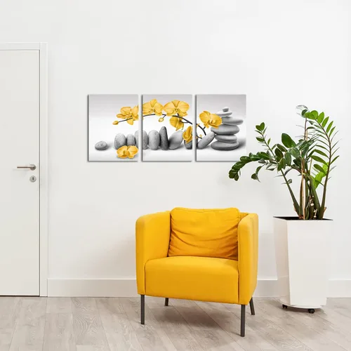 Vista 4 de Artmyharbor Arte de pared de orquídea zen, imágenes de flores amarillas, para baño, piedra gris, para sala de meditación de spa, 12 x 16 pulgadas