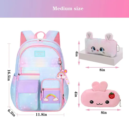 Vista 2 de Jcobvig Mochila de arcoíris para niñas y niños, linda mochila escolar para estudiantes con bolsa para bolígrafos, bolsa de viaje para portátil