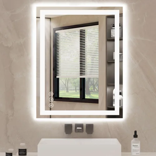 Vista 17 de Espejo de baño LED de 16 x 24 pulgadas con luces, antiniebla, retroiluminado + luz frontal, espejo de tocador de baño iluminado para pared, función