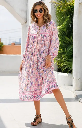 Vista 5 de R.Vivimos - Vestidos por debajo de la rodilla, de manga larga, con estampado floral, de estilo retro y bohemio, con cuello en V y borlas para mujer