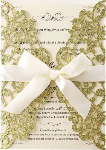 Vista 13 de Hosmsua 20 unidades de invitaciones de boda con flores de 13 x 18,5 cm con purpurina y corte láser con cintas y sobres para boda, despedida