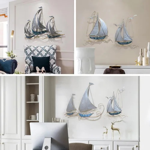 Vista 7 de AUQMTAIN Decoración de pared de barco náutico de 34 pulgadas, esculturas de pared de barco náutico 3D, velero costero hecho a mano para el hogar