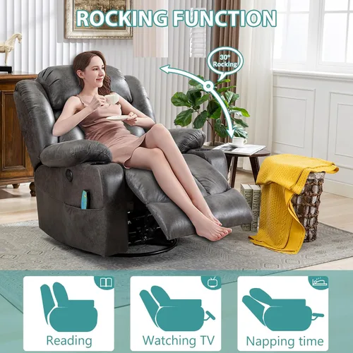 Vista 7 de MEETWARM Massage Swivel Rocker Recliner with Heat and Vibration, Manual Glider Rocking Recliner Chair, 360°Swivel Lounge Reclining Chair with Cup