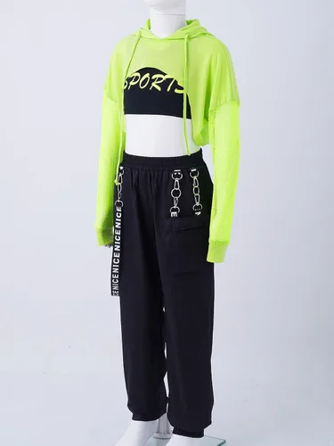 Vista 4 de Girls Dance Outfits Cropped Hoodie Tank Tops Jogger Pants Set Hip Hop Jazz Street Dancing Clothes