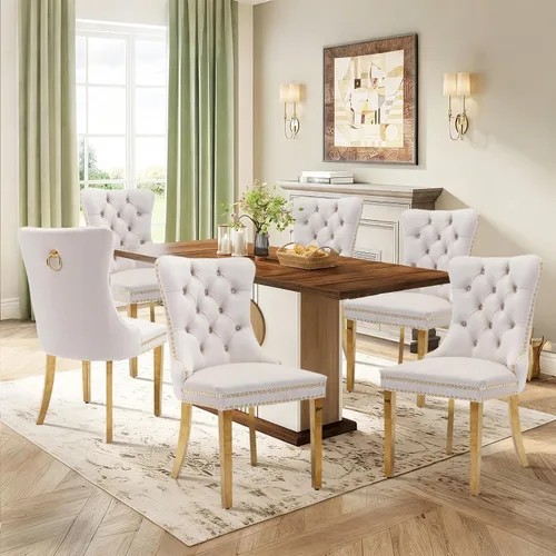 Vista 81 de Juego de 2 sillas de comedor de terciopelo con patas de madera, color beige Mid Century Modern Dining Chairs,Upholstered Chairs with Nailhead