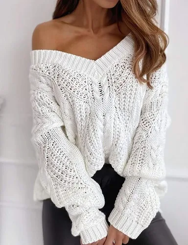 Vista 5 de Sexy V Neck Sweaters for Women Jacquard Knit Jumper Tops Casual Trendy Fall Pullover Loose Batwing Sleeve Blouse