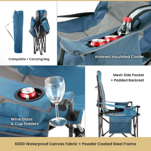 Vista 7 de ARROWHEAD OUTDOOR Paquete de 2 sillas de campamento plegables portátiles XXL de gran tamaño con soportes para vidrio y tazas, enfriador