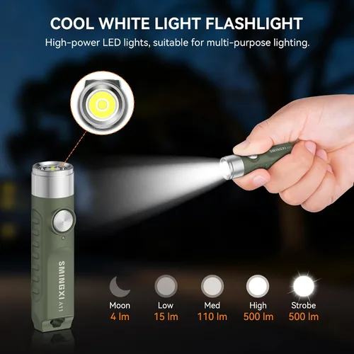 Vista 3 de Llavero recargable de 500 lúmenes, linterna EDC con base magnética, mini luz de bolsillo súper brillante con USB-C, IP66 pequeñas linternas ligeras