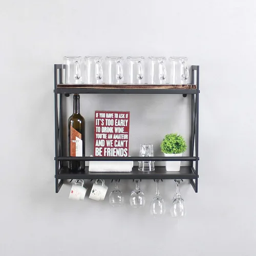 Vista 12 de MBQQ Estantes de vino rústicos montados en la pared con soporte para vidrio de 6 vástagos, estante de vino industrial de metal de 23.6 pulgadas