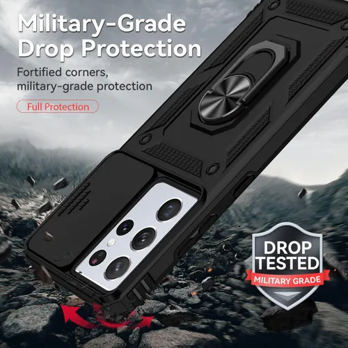 Vista 5 de Funda para Samsung Galaxy S21 Ultra con cubierta para lente de cámara, protector de pantalla HD, prueba de caídas de grado militar, soporte