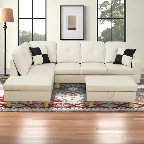 Vista 12 de Sofá modular para sala de estar, sofá seccional de cuero marrón en forma de L con diván y otomano de almacenamiento para sala de estar, B- marrón