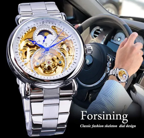 Vista 3 de ShanniRuo Reloj analógico automático para hombre, esqueleto de moda, Tourbillon, impermeable, fase lunar, reloj mecánico