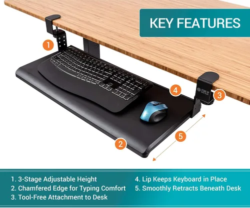 Vista 7 de Stand Up Desk Store - Bandeja ajustable y retráctil para teclado, con abrazadera compacta, debajo del escritorio, optimización de espacio, 25 x 11.5