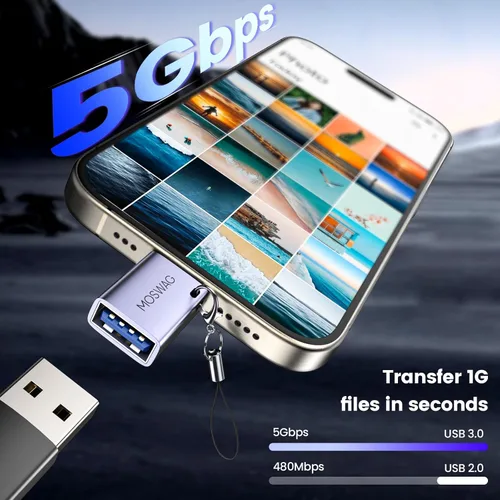 Vista 3 de MOSWAG Paquete de 2 adaptadores USB C a USB hembra, adaptador USB 3.0 a Thunderbolt 3 OTG compatible con iPhone 16 15 Max, MacBook Pro Air, Mac