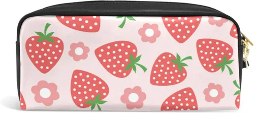Vista 2 de Estuche portátil de gran capacidad con diseño floral de frutas de fresa, bolsa de maquillaje de piel sintética, organizador de maquillaje con asa