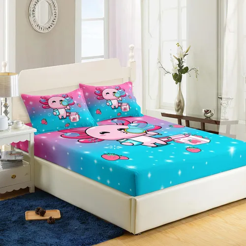 Vista 3 de AILONEN Axolotl - Juego de sábanas bajeras para niños, tamaño individual XL, color rosa y azul degradado kawaii, lindas sábanas de fresa salamandra